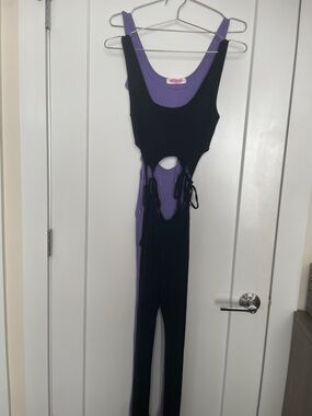 Cutout Two-Tone Purple and Black Jumpsuit with Side Ties (2 Bundle)